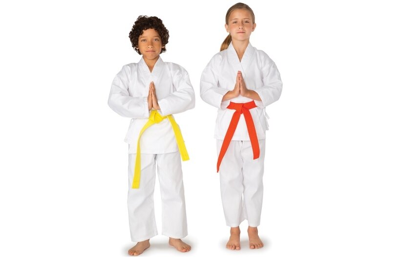 Two kids in karate gi with different belt colors