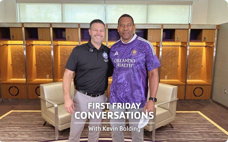 Jarrod Dillon of Orlando City SC and Kevin Bolding of YMCA of Central Florida in the Orlando City SC locker room